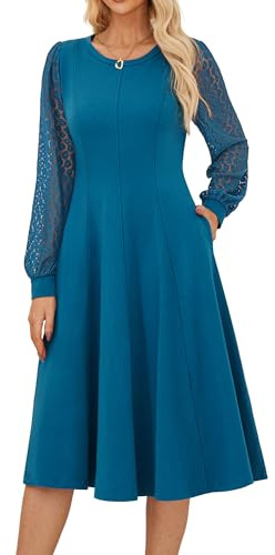 GRACE KARIN Elegant Women’s Midi Dresses Lace Long Sleeve Crew Neck A-Line Dresses Casual Solid Formal Cocktail Dress