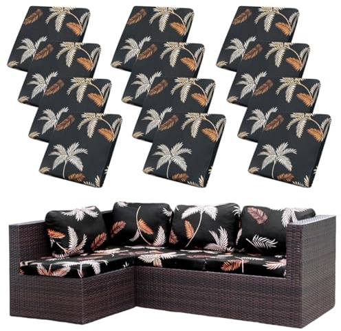 Hiseng 8/12 PCS Outdoor Patio Cushion Covers Replacement for Garden Furniture Patio Chair Pad Sofa Seat Cushion, 3D Palm Leaf Print Soft Stretch Washable Sofa Slicover (Coconut Palm,12PCS)