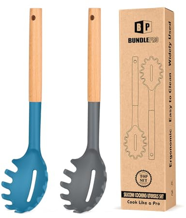 Pack of 2 Spaghetti Spoon, Silicone Pasta Fork with Wooden Handle, Heat Resistant Noodle Spoon Server, BPA Free Spaghetti Strainer(GRAY-BLUE)