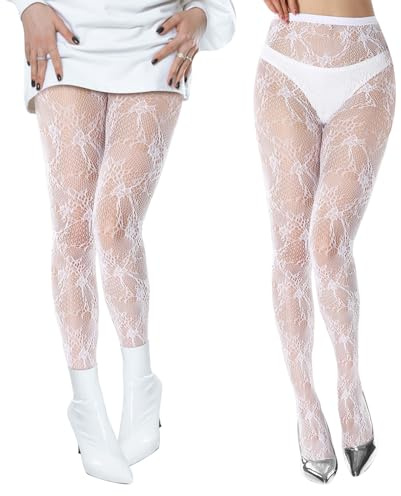 HZHSGLY 2PCS White Lace Tights, Floral Patterned Tights High Waist White Fishnet Sockings for Woman Ladies