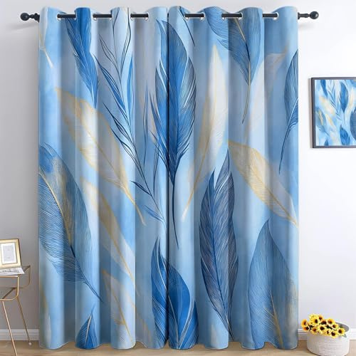 XCQHZYQ Verdunklungsvorhänge 2er Set mit Ösen, Blau Blickdichte Gardinen Schalldämmend Lärmschutzvorhang für Kinderzimmer Wohnzimmer Gardinen Blattfeder, H 175 x B 140 cm