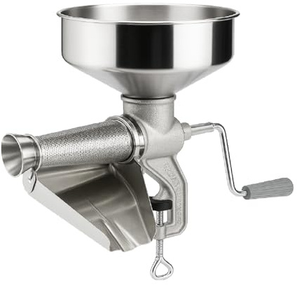 Crisalide® - Passapomodoro a Mano in Ghisa per Uso Alimentare, Elica in Plastica per Prodotti Caldi, Cono Filtro in Lamiera Stagnata, Imbuto e Sgocciolatoio in Acciaio Inox, Morsetto a Vite, 2,5 kg