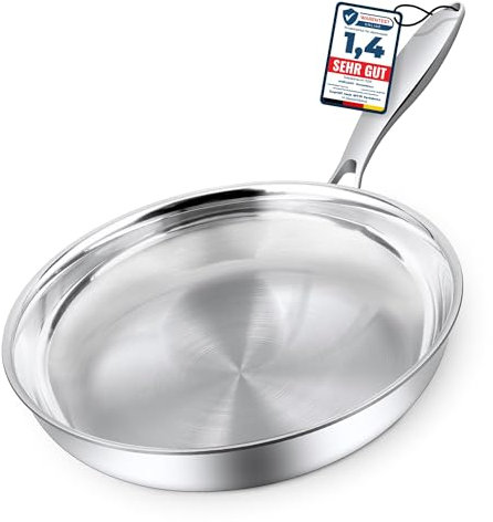 Morleos Padella in acciaio inox 18/10, 32 cm, non rivestita, 5 strati, 3 mm, 1,67 kg, in acciaio inox per induzione, lavabile in lavastoviglie e utilizzabile in forno fino a 400 °C, di alta qualità