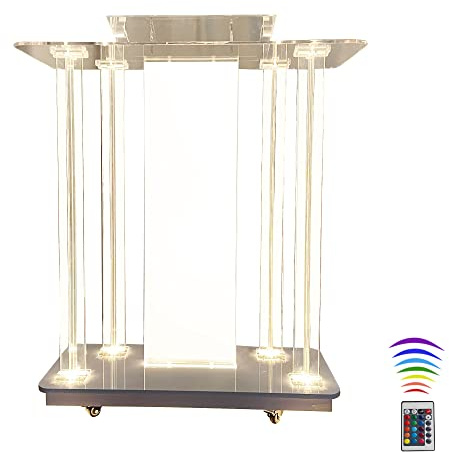 AeasyG Kirchenpult mit Abdeckung und LED-Leuchten, Acrylpulpite für Kirchen, transparenter Podiumständer mit Rädern und geräumiger Lesebene, klarem Lesepult für Reden