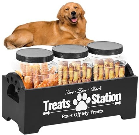 Wood Dog Treat Container Decorative Dog Treat Holder Enduring Dog Cookie Jar for Cat Treats Container with 3 Plastic Dog Treat Jars Pet Treat Storage Organizer for Dogs and Cat Pet Owners (black)
