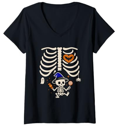 Femme Costume d'halloween Amusant pour Femme Enceinte, Citrouille, Cage côtelée T-Shirt avec Col en V
