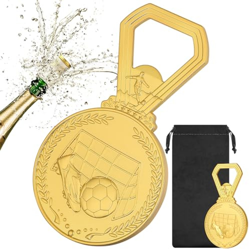 Décapsuleur Médaille de Football, Bière Décapsuleur, avec Sac Cadeau, Cadeau pour Hommes, Femmes, Papa, Amateurs de Bière, Ouvre-bouteille Cadeaux de Anniversaire, Fête, Fête des Pères, Noël, Doré