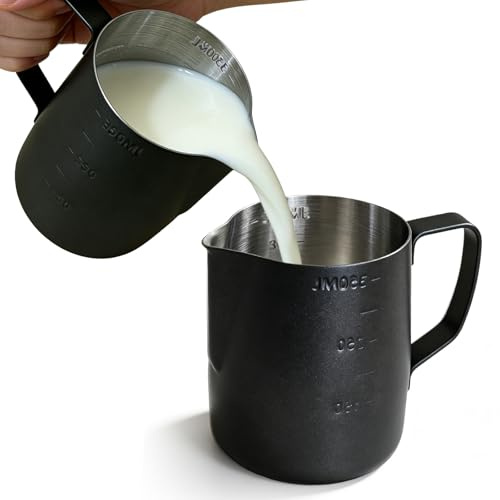 2 bricco da 350 ml, in acciaio inox: brocca per latte a doppia scala, colore nero, per schiumare 350 ml, perfetto per montalatte, macchina per caffè espresso, cappuccino macchiato