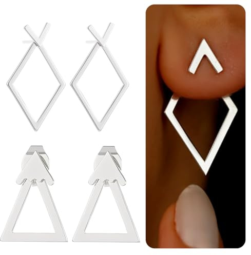 TEOZBLU 2 Pares Pendientes Mujer Plata Retro Oreja Triángulo Chaquetas Pendientes Hueco Doble Capa Cuelgan Frente Espalda Espárragos Pendientes Minimalista Geométrica Rombo Joyería Regalos Mujeres
