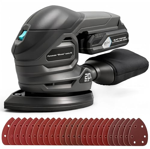 Ecobuild Ponceuse Triangulaire Sans Fil 20V, Mini Ponceuse Bois 12000 tr/min avec Sac à Poussière, 20 Feuilles Abrasives, Poignée Ergonomique, Batterie 2.0Ah et Chargeur Inclus,Ponceuse Murale