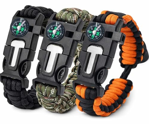 3 Stück Survival Paracord Armband – Überlebensarmbänder 5-in-1 Paracord | mit outdoor Feuerstein survival, mini Kompass, Pfeife, Schirmseil & Mini-Säge, Outdoor Gadgets für Wandern, Camping & Jagd