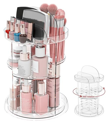 YINKIGI Makeup Organiser, 360 Rotating Cosmetics Skincare Perfume Organiser with 8 Adjustable Layers & Top Dividers, Large Capacity Clear Make up Storage for Dressing Table, Bedroom & Bathroom