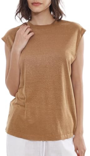 Amazhiyu Women's 100% Linen Knit Crewneck Tee Casual Relaxed Fit Summer Tops Brown, Medium