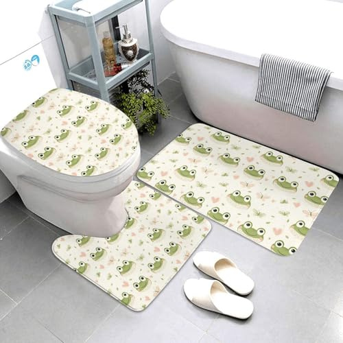 Nevjipu Set di 3 tappeti da bagno con stampa verde, assorbente, antiscivolo, lavabile, copriwater a forma di U, tappetino per contorno WC, tappetino per doccia, tappetino da bagno per WC e vasca da