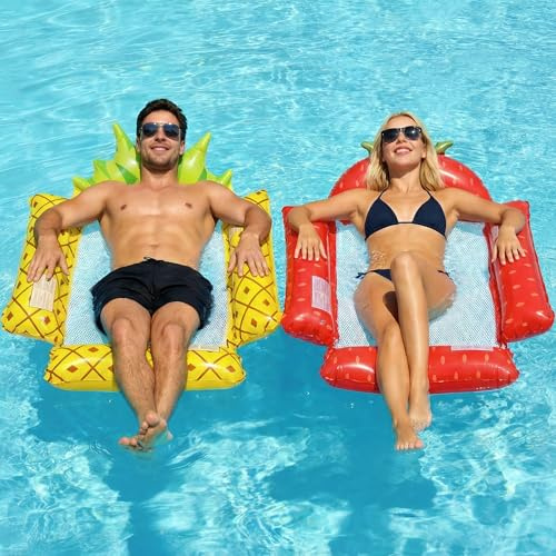 RYACO 2er Set Aufblasbare Wasserliege, Ananas & Erdbeer Design, 4-in-1 Wasserhängematte, Kühles Netz, 4-Rohr Stabilität, Pool Float für Erwachsene, Sommer Gartenpool Strand See