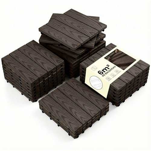 LARDECOR - Baldosas Encajables WPC 30x30 cm para Suelo, Pack 66 Piezas, 6 m², Losetas para Terraza, Balcón, Patio y Jardín, Diseño con Drenaje y Superficie Antideslizante (Café Oscuro)
