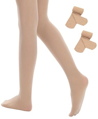 Century Star Girls Nude Tights 2-Pack-Ultra Soft Opaque Footed Transition Tan Dance Tights for Kids 7-8 Years