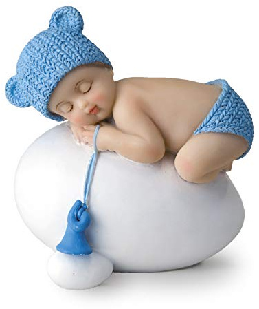Figura niño bebé azul durmiendo sobre huevo,7,5x8cm.