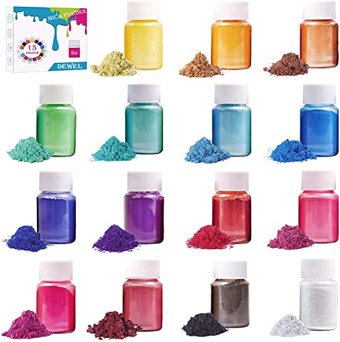 DEWEL Mica Powder for Epoxy Resin, 15 Colours × 10g Pearl Pigment Powder | Non-Toxic Glitter Mica for Soap Making, Candle Making, Lip Gloss, Eyeshadow, Bath Bombs, Resin Art & DIY Crafts