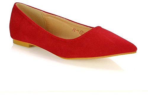 ESSEX GLAM Womens Flat Pointed Toe Ballet Pumps Ladies Slip on Shoes Faux Suede (Red Faux Suede, Numeric_4)