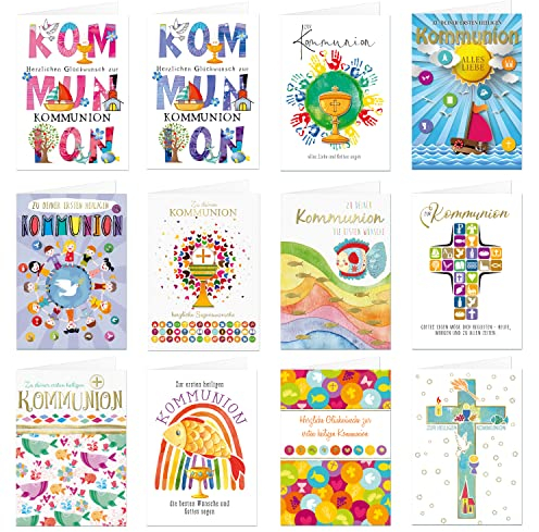 12 Stück Kommunionskarten Klappkarten mit Umschlag - Glückwunschkarte zur Kommunion