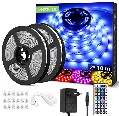 LE LED Strip 20M(2x10M), RGB LED Streifen Band, 5050 SMD 600 LEDs Stripes, 12V, Selbstklebend Lichtband mit 44 Tasten Fernbedienung, Flexibel LED Leiste, LED Lichterkette IP20 für Haus,Party,Bar,TV