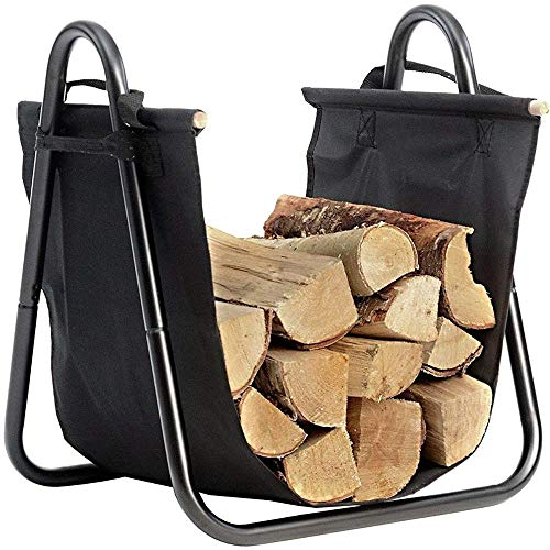 Bakaji Culla Portalegna Supporto in Metallo con Cesto Porta Legna in tessuto Oxford da Interno Legnaia Casa per Camino Caminetto Stufa Design Moderno Colore Nero Dimensione 40 x 45 x 32 cm (Design 2)