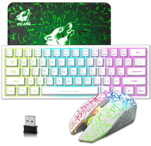 60% Compact wireless gaming keyboard and mouse set, RGB Rainbow Light up keyboard 3800mAh Type-c Rechargeable Mechanical Feel Breathing Backlight Light Mouse green mouse pad for PC Laptop ps4 White