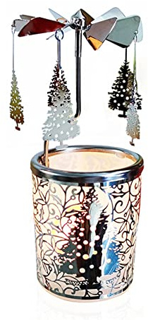Kingnero Silver Windlicht Karussell, Glas teelichthalter karussell für Weihnachten Geschenk,Familie und Freunde (silberner Weihnachtsbaum)