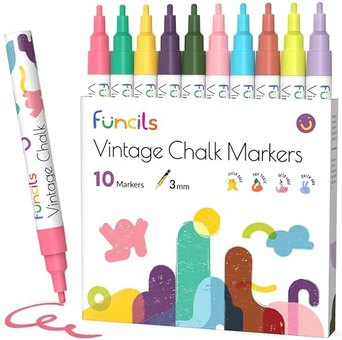 Funcils Vintage Kreidestifte für Tafel Abwaschbar - 10 Kreidemarker Pastell 3mm Umkehrbare Spitze - Kreide Stift für Fenster, Tafel und als Glasstift. Chalk markers für Erwachsene & Kinder