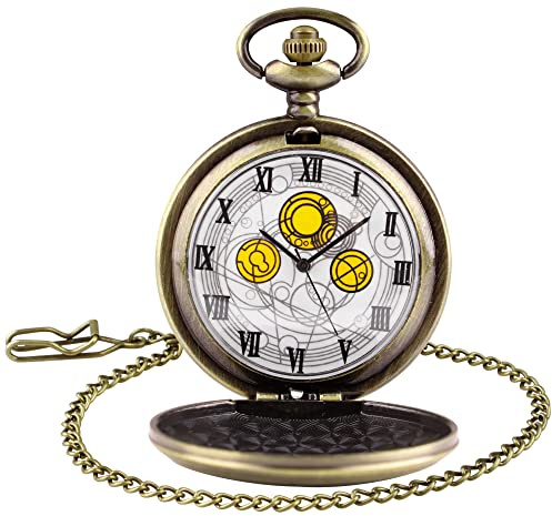 Tiong Montre de poche avec boîtier en bronze à quartz Full Hunter Cadran blanc et chaîne pour homme Pendentif rétro, bronze, Antique