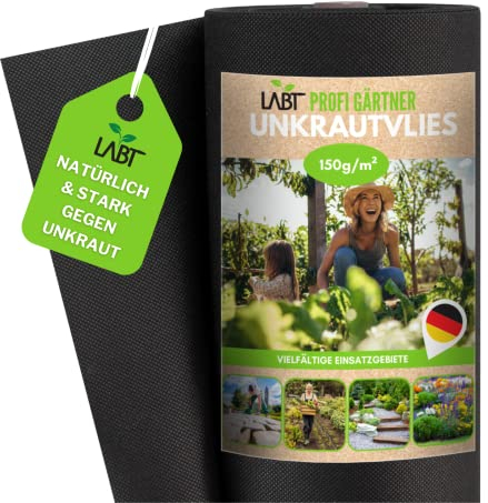 LABT® 160m² Profi Unkrautvlies I Wasserdurchlässiges Gartenvlies Gegen Unkraut 150g/m² I Reißfeste, Umweltfreundliche Unkrautfolie mit Hoher UV - Beständigkeit für Garten und Beet [100 x 1,6m I Rolle]