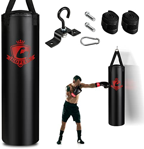 Goplus boxningssäck för vuxna, 29 kg fylld hängande boxningssäck set med 355 ml boxningshandskar och 241 cm handsjal, lämplig för hemmagym, kickboxning, MMA, Muay Thai, Krav MAGA, Taekwondo, Karate
