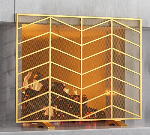 Fire Beauty Single Panel Handcrafted Wrought Iron Mesh Chevron Fireplace Screen, Fire Spark Guard for Living Room, Bedroom Decor(Golden)