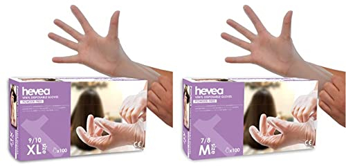 Hevea - Gants en vinyle jetables. Sans talc et sans latex. Boîte de 100 gants. Taille : XL (Très grande) & M (Moyenne)