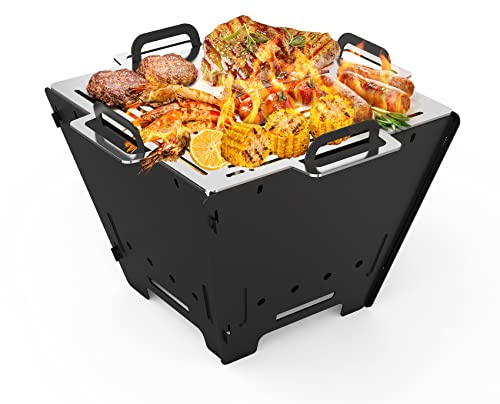 Onlyfire Mobile Feuerschale mit Grillrost, Tragbare Feuerstelle Faltbar, Feuerschalen für den Garten, Patio, Grill, Balkon, Fire Pit Outdoor, Camping Grill Holzkohle