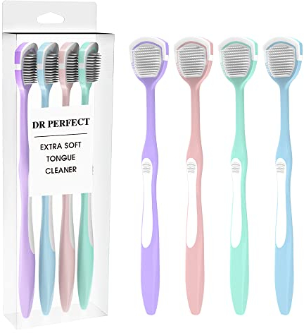 DR PERFECT Soft Tongue Brush Scraper Cleaner Helps Fight Bad Breath Clean Your Tongue Without Hurt Pack Of 4 ((GREEN PURPLE BLUE PINK))