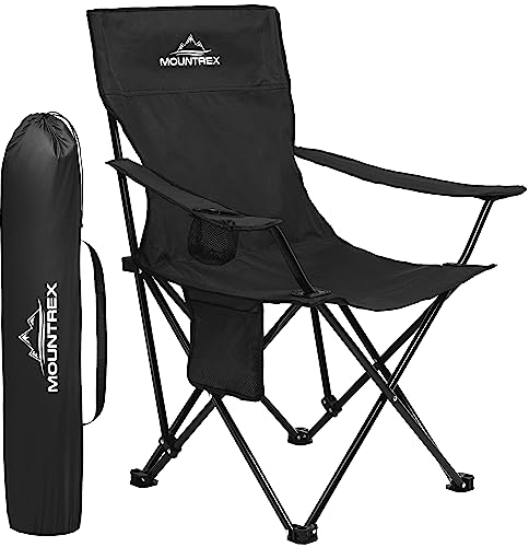 MOUNTREX Campingstuhl Klappbar (bis 120kg) - Klappstuhl mit Verstellbare Armlehne - Anglerstuhl, Strandstuhl - Faltbar, Kompakt & Leicht - Camping Stuhl Inkl. Getränkehalter (Schwarz)
