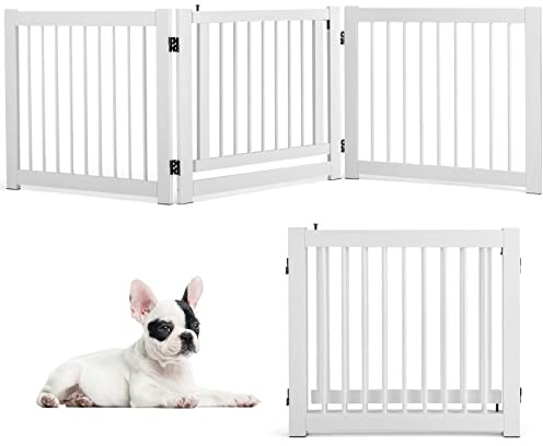 GOPLUS Puerta de Seguridad de Escalera de Corralito de Madera de Pino Barrera Plegable Puerta de Seguridad para Perros Puerta de Seguridad (Blanco)
