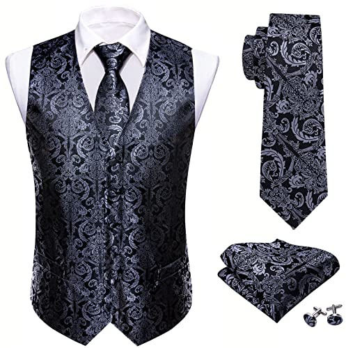 Barry.Wang Chaleco de cachemira para hombre, diseño de flores, jacquard, de seda, cuello en V, chaleco y gemelos cuadrados para boda, esmoquin y baile de graduación, negro, gris, S