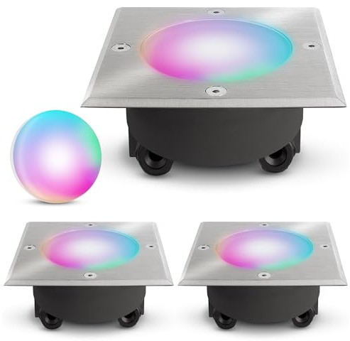 SSC-LUXon 3x VIROK Bodeneinbauleuchte LED außen flach mit Smart RGB+ Leuchtmittel WiFi - Bodenspots befahrbar kompatibel mit Alexa, Siri & Google