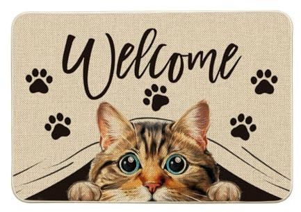 Artoid Mode Große Augen Katze Welcome Fußmatte, Saisonale Willkommen Dekoration Küche Teppich Bodenmatte für Innen Außen Dekor 40x60 cm