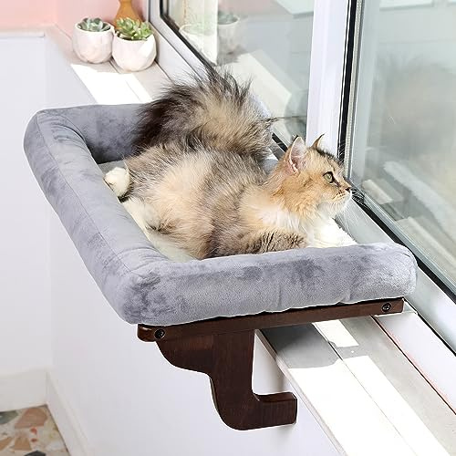 Zakkart Cat Perch for Window Sill with Bolster - Orthopedic Hammock Design with Premium Hardwood & Robust Metal Frame - Cat Window Seat for Large Cats and Kittens - Dark Stained Wood with Gray Bed | Hook-On Windowsill Mount, Machine Washable Hammock Bed, Premium Hardwood & Robust Metal Frame, Hold up to 40 lbs, 24L x 15W