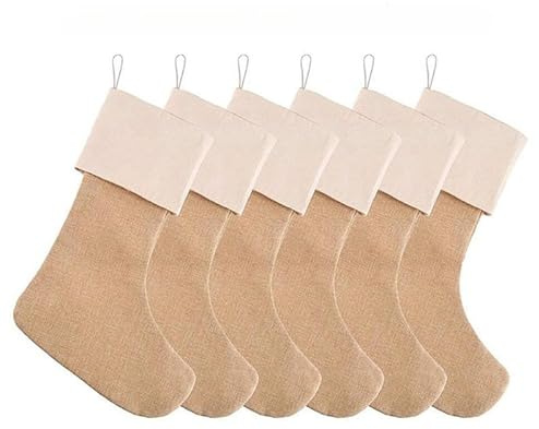 Toile De Jute Chaussettes De Noël Lot De 6 Chaussettes De Noël en Toile De Jute à Suspendre Sacs Cadeaux Décorations D'arbres De Noël Décorations De Cheminées Cadeau De Noël