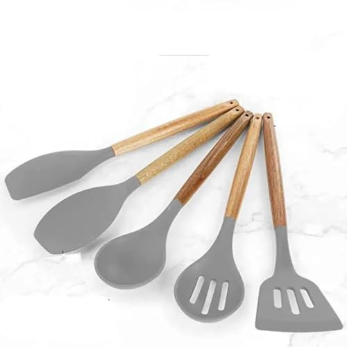 YARANY Set de 5 Spatules Silicone & Bois – Ustensiles de Cuisine Antiadhésifs, Résistants à la Chaleur, Sans BPA – Outils Polyvalents pour Poêles et Casseroles – Couleur Gris