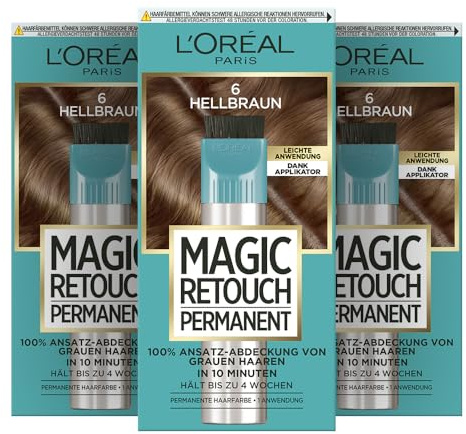 L'Oréal Paris Ansatz-Abdeckung zum Kaschieren grauer Haare, Langanhaltender Haar Concealer, Magic Retouch Permanent, Nr. 6 Hellbraun, 1 Stück (Packung mit 3)