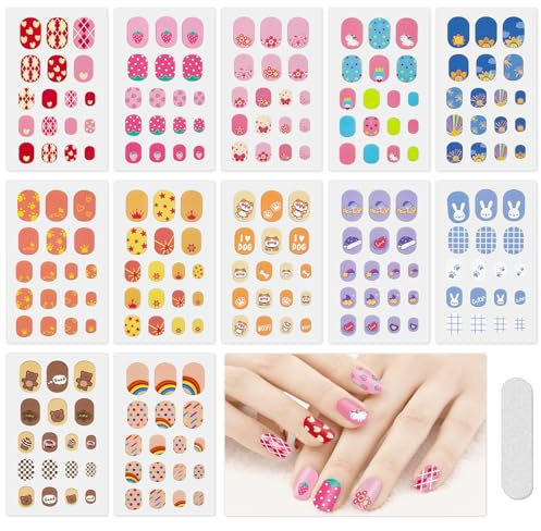 JSRQT 12 Blatt Cartoon Nagelkunst Aufkleber, Buntes Selbstklebend Nagellackaufkleber, Komplett Umwickelte Nail Art Stickers mit Nagelfeile, Damen Mädchen Nagelsticker DIY Maniküre Nagelkunst Dekor