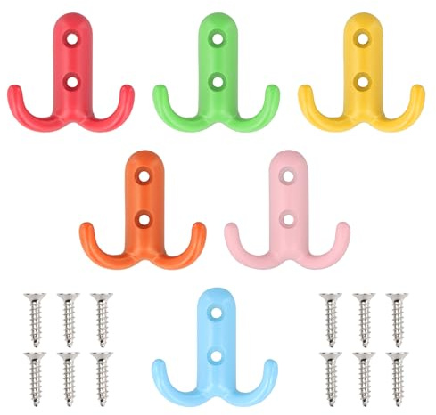 Litinliv 6Pcs Colorful Wall Hooks,Coat Hooks Heavy Duty Double Prong,Wall Mounted Double Prong Hooks,Rainbow Wall Mounted Hooks,Kids Bedroom Coat Hook,for Hanging Backpack Bag Towels Keys