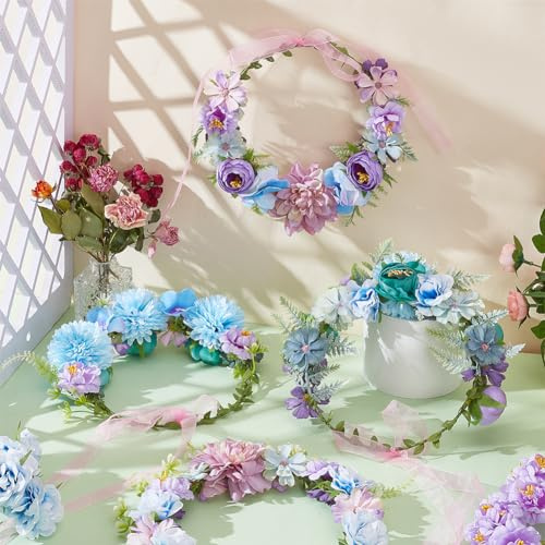 INFUNLY 4 Set Blumenkronen-Bastelset In Blau Und Lila Für Damen Und Mädchen, Zum Basteln Ihres Eigenen Blumenkranzes, DIY-Stirnband, Blumenkranz, Handgefertigt, Floraler Brautkopfschmuck, Haarschmuck