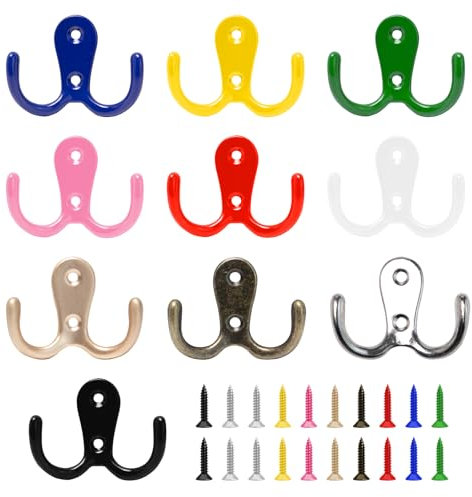 Bofanze 10 Pièces Doubles Crochet Mural Rétro Crochets Muraux avec Vis forte Patère Murale à Double Griffes Coloré Crochet Porte Manteau pour Chambre à Coucher,Cuisine,Salle de Bains